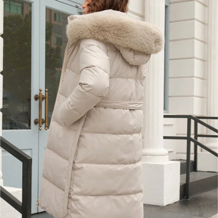 Anewsta Long Sleeve Zip Up Hooded Padded Coat with Faux Fur Trim