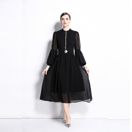 Buckle Pleated Stitching Puff Sleeve Waist-controlled Large Hem Temperament Dress