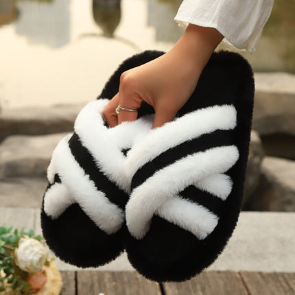 Fluffy Cross Strap Stitching Warm Slippers