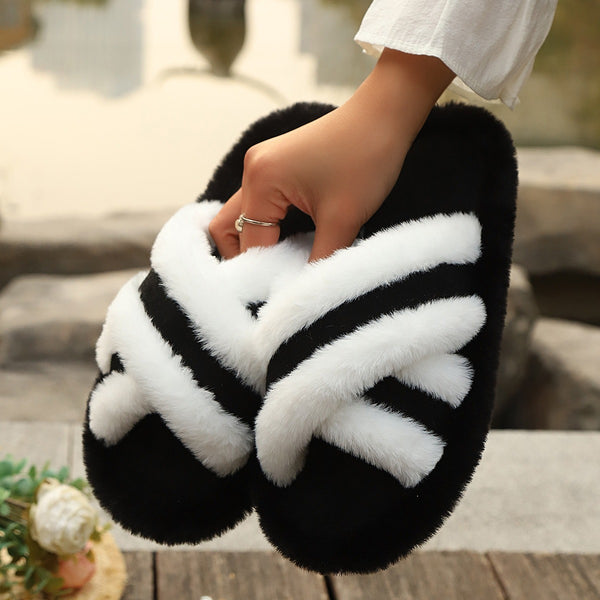 Fluffy Cross Strap Stitching Warm Slippers