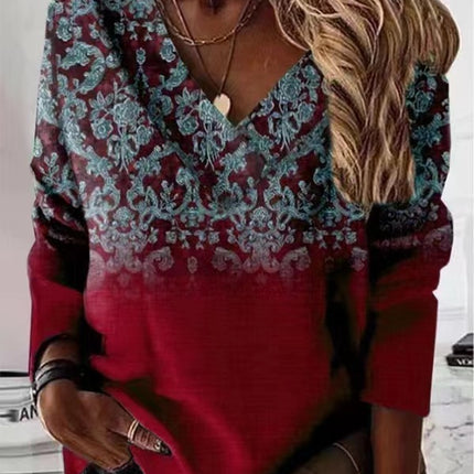 Retro V-neck Long-sleeved T-shirt