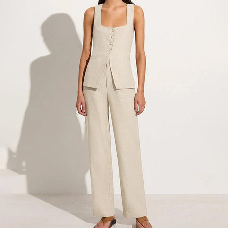 Conjunto de traje de algodón sin mangas con cuello cuadrado, chaleco con cordones y pantalones de pernera ancha de talle alto