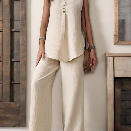 Sleeveless Textured Vest And Wide-Leg Button Front Pants Set