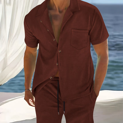 Men's Europe And America Cross Border Polyester Short Sleeve Cuban Collar Shirt Summer Suit