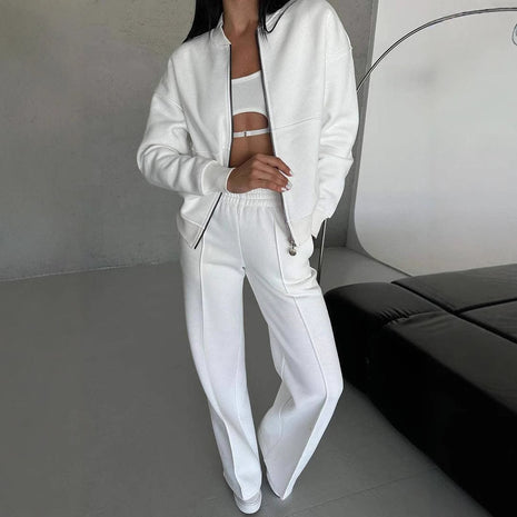 Conjunto de chaqueta con cremallera y pantalón de pierna ancha