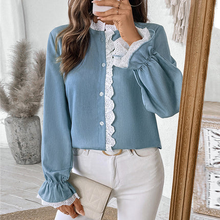 Single-breasted Lace Collar Blue Top
