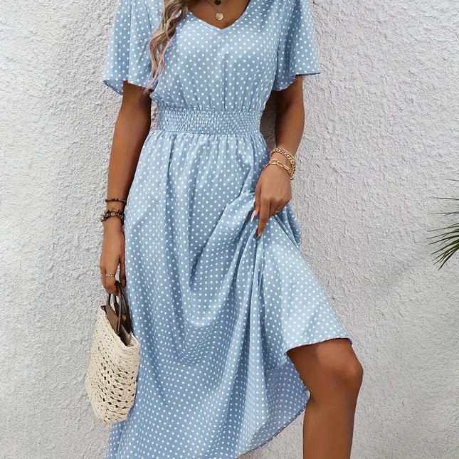 Polka Dot Short Sleeve Long Dress