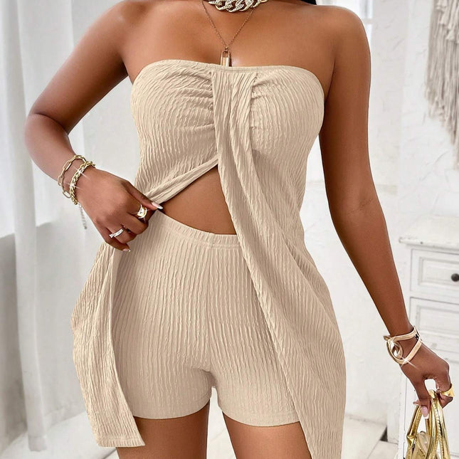 Twisted Front Split Strapless Top and Shorts Set