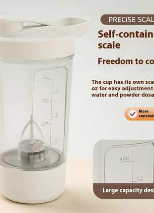 Measurement cup with scale for water and powder dosage on a light background