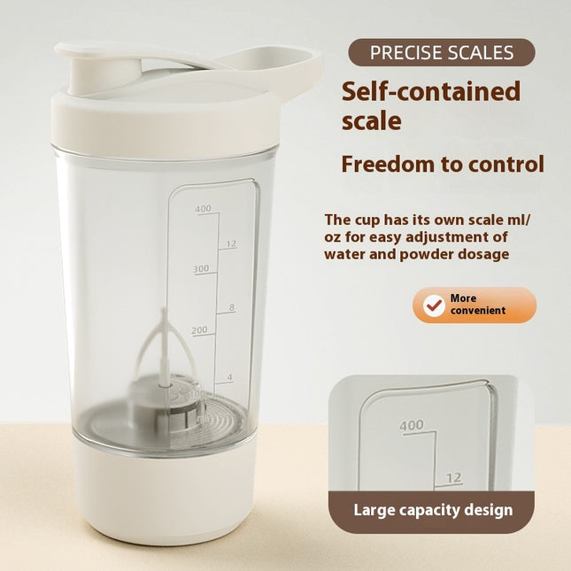 Measurement cup with scale for water and powder dosage on a light background