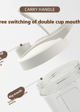 White tumbler with a carry handle and interchangeable cup mouths on a light gray background.