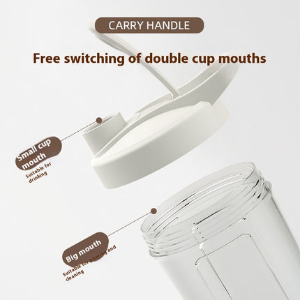 White tumbler with a carry handle and interchangeable cup mouths on a light gray background.