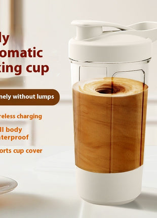 Fully automatic mixing cup with wooden accent on a white background
