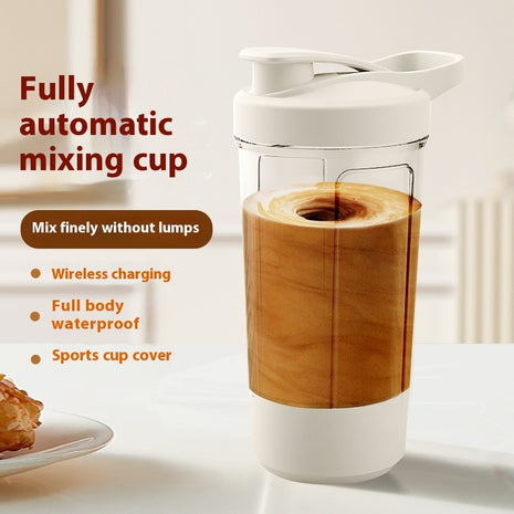Fully automatic mixing cup with wooden accent on a white background