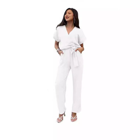 Short Sleeved V-neck Pocket Jumpsuit