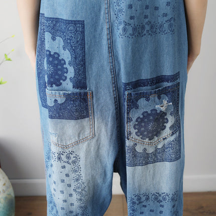 Sleeveless Washed Ripped Denim Suspender Overall