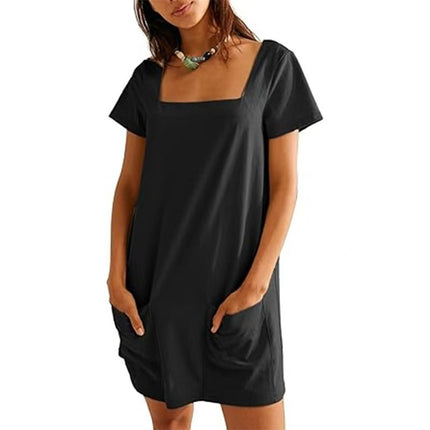 Square Collar Short Sleeve Short Skirt Pocket Dress