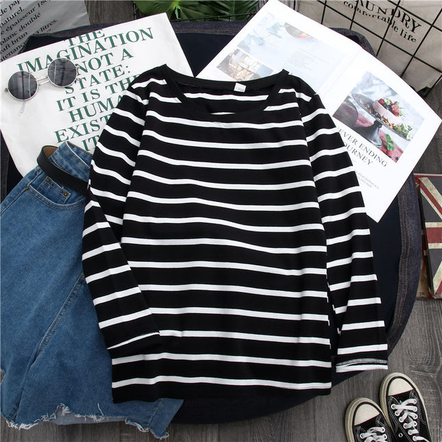 Black Striped Western Style Long-sleeved T-shirt