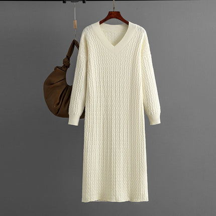 V-Neck Knitted Long Sweater with Back Slit