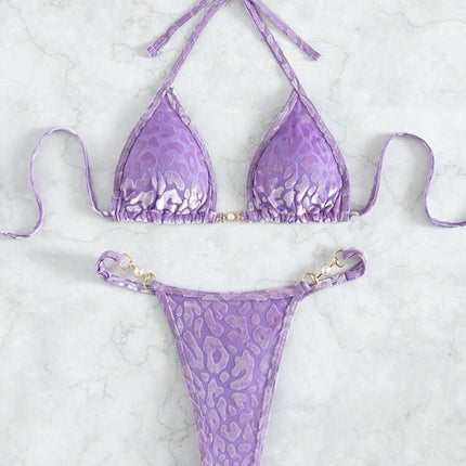 T-shaped Pearl Leopard Special Fabric Swimwear Swimsuit Bikini