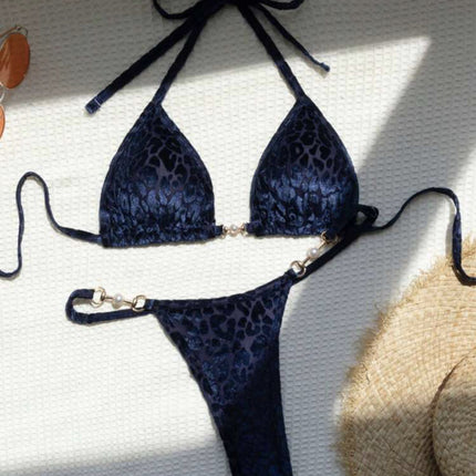 T-shaped Pearl Leopard Special Fabric Swimwear Swimsuit Bikini