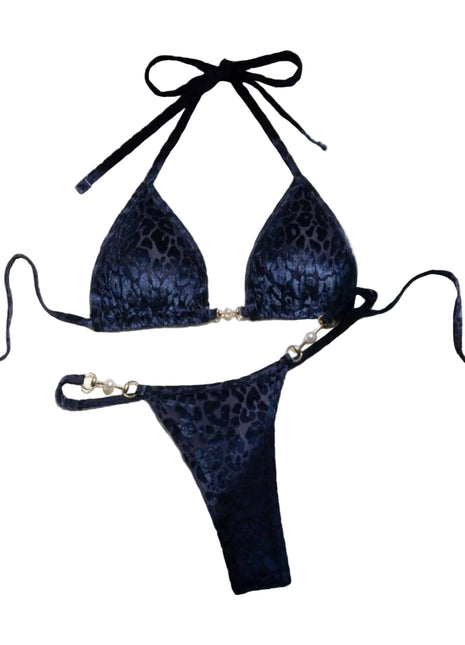 Conjunto de bikini tanga de leopardo y perlas para mujer