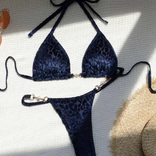 T-shaped Pearl Leopard Special Fabric Swimwear Swimsuit Bikini