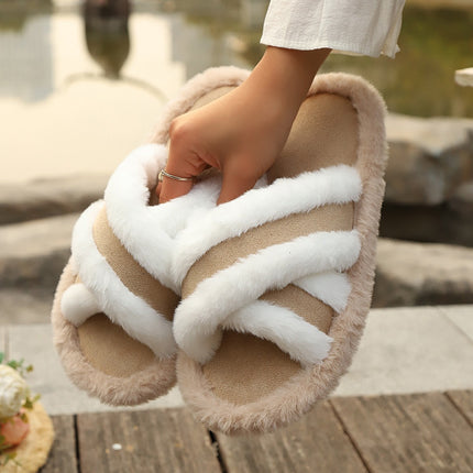 Fluffy Cross Strap Stitching Warm Slippers