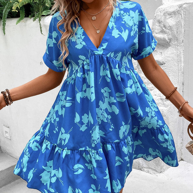 Print Batwing Sleeve Ruffle Hem Smock Dress Vacation Beach Outfits