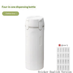White four-in-one dispensing bottle with text and stickers on a white background