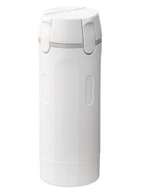 White four-in-one dispensing bottle with text and stickers on a white background