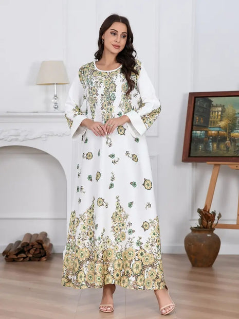 Vestido elegante de manga larga con cuello redondo, diseño de flores y diamantes