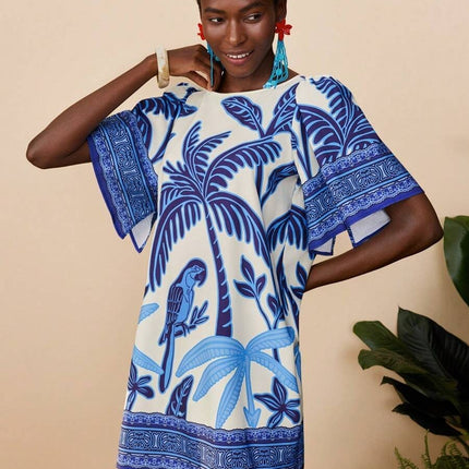 Fashion Retro Crew Neck Horn Printing Dress