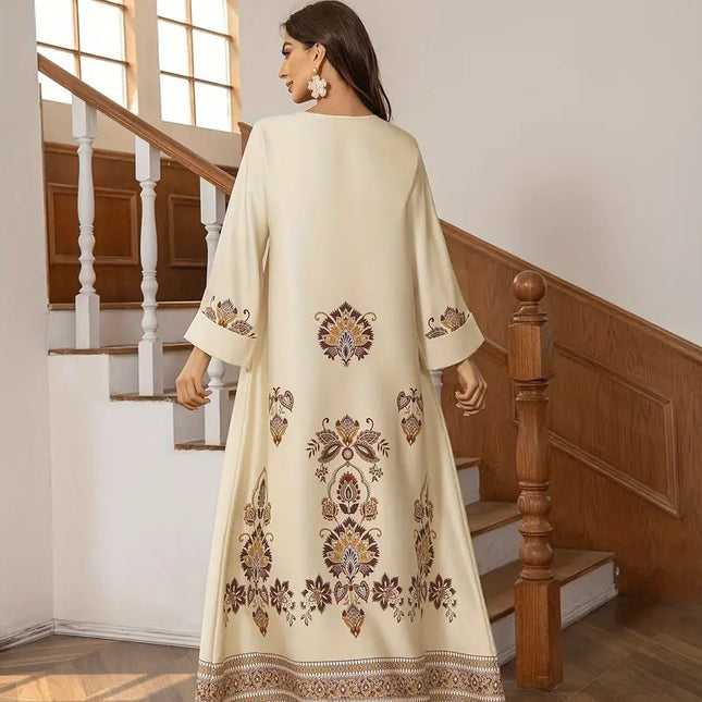 Elegant Floral Printed Middle Eastern Long Dress