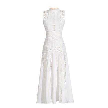 Round Neck Sleeveless Waist Lace Stitching Dress