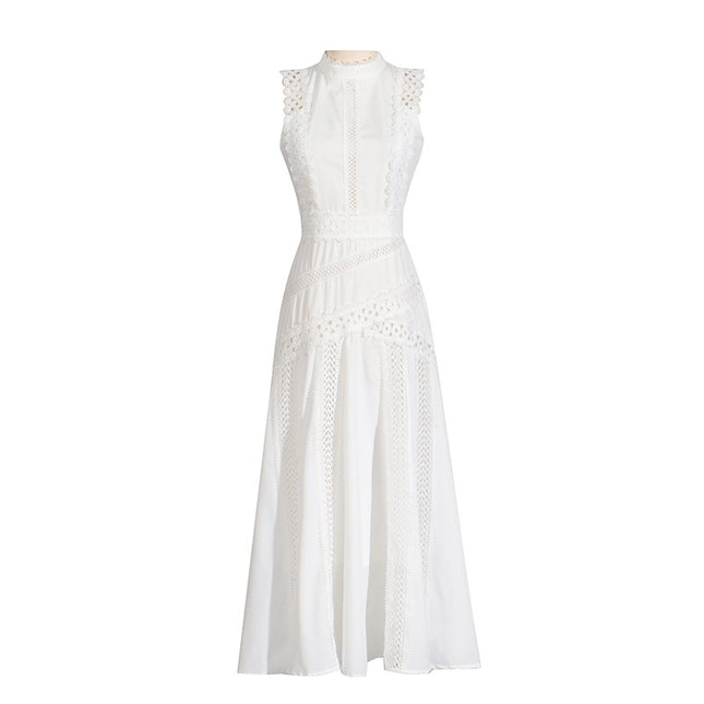 Round Neck Sleeveless Waist Lace Stitching Dress