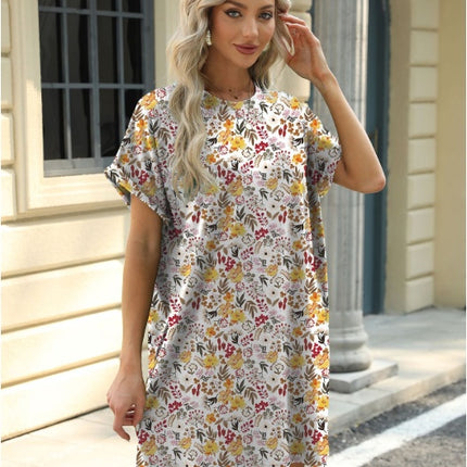 Loose Crew Neck Short Sleeve Printed Pocket Dress