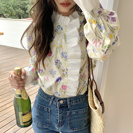 Romantic Turtleneck Patchwork Ruffled Flare Sleeve Shirt