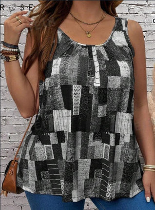 Plus Size Summer Round Neck Pleated Tank Top