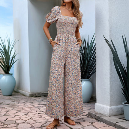 Square Collar Puff Sleeve Vacation Style Floral Jumpsuit