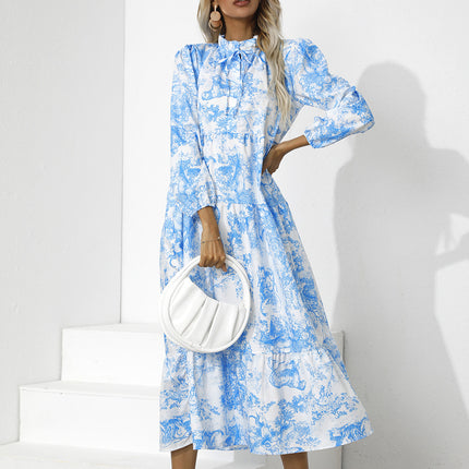 Round Neck Printed Loose Ninth-sleeve Dress