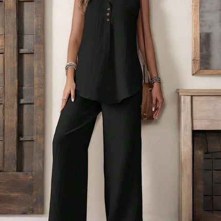 Sleeveless Textured Vest And Wide-Leg Button Front Pants Set