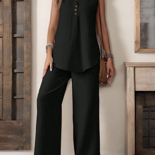 Sleeveless Textured Vest And Wide-Leg Button Front Pants Set