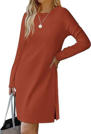 Round Neck Slit Hemline Sweater Long Sleeve Dress