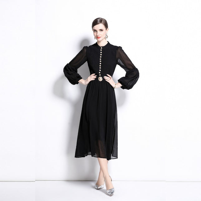 Buckle Pleated Stitching Puff Sleeve Waist-controlled Large Hem Temperament Dress