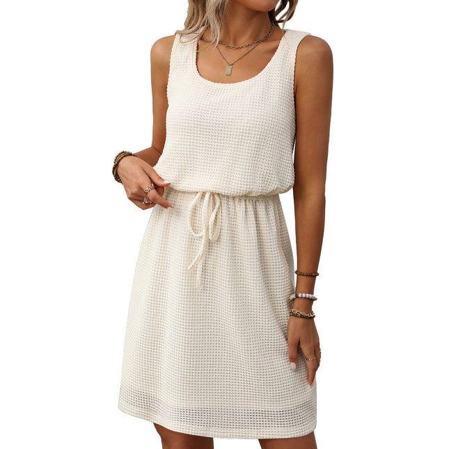 Square Collar Drawstring Sleeveless Vest Dress With Lining