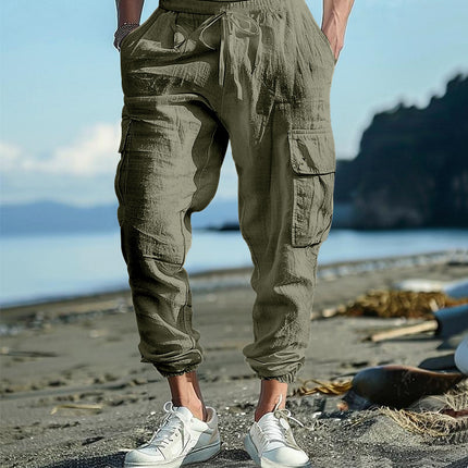 Casual Trousers Ankle-tied Multi-pocket Tether Solid Color Loose