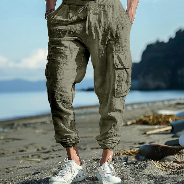Casual Trousers Ankle-tied Multi-pocket Tether Solid Color Loose