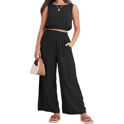Round Neck Sleeveless Lower Hem High Waist Wide Leg Two-piece Set