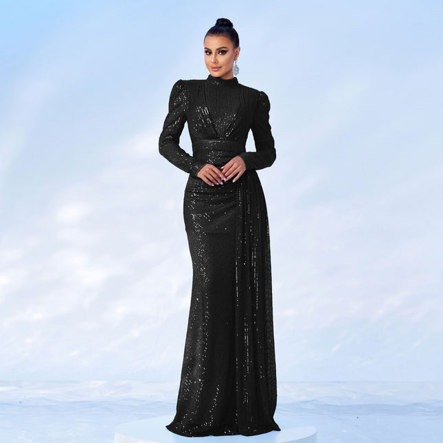 Long Sleeve Sequined Banquet Dress